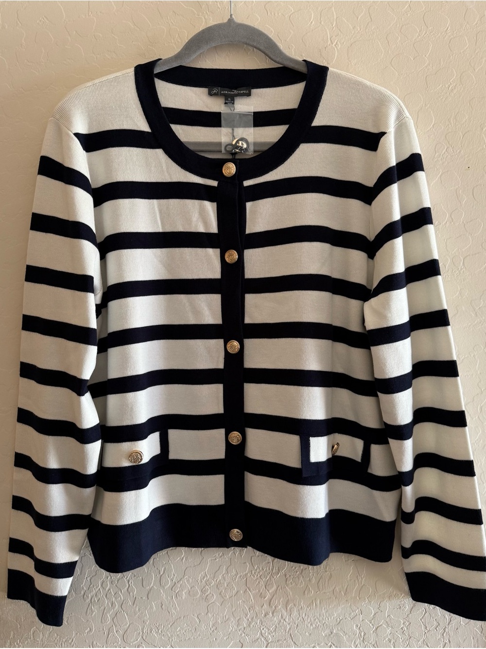 Adrianna Papell, XL, striped cardigan with gold buttons & front patch pockets